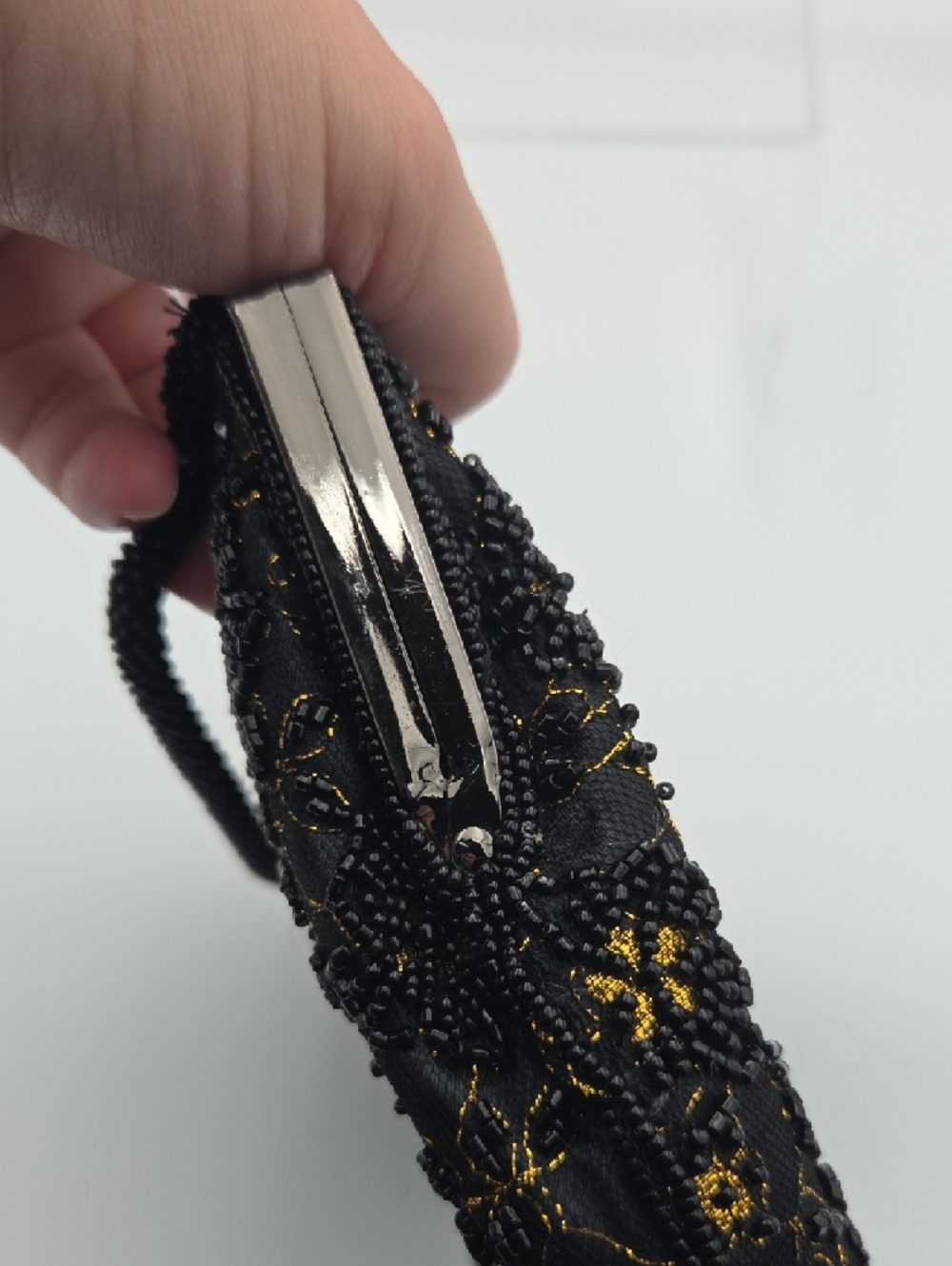 Vintage Sasha Black Gold Satin Beaded Floral Bag Y2K Glam Whimsigoth Coquette - Picture 7 of 9